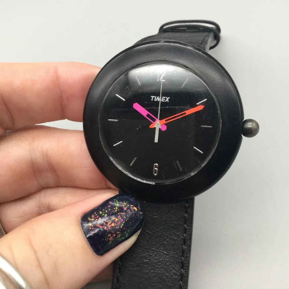 Timex Mens Watch 44mm Black Dial Black Leather Strap Neon Hands New Battery